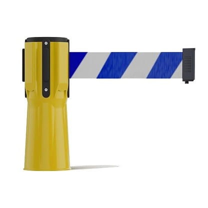 Trafford Industrial 11 Ft. Cone-Mounted Retractable Belt Barrier Yellow Case with Blue abd White Diagonal Belt