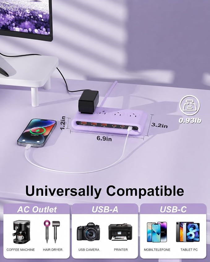 Power Strip with USB Port - 4AC & 6 USB(3USB C), Outlet Extender 5FT | Flat Plug Extension Cord with Multiple Outlets, PD20W Bedside Charging Station for Multiple Devices - Travel Home Office