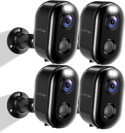 Armorcope Security Cameras Wireless Outdoor, Battery Powered 2k Color Night Vision, AI Motion Detection,IP66 Weatherproof, 2-Way Talk, SD/Cloud Storage,Cameras for Home Security-4 Pack