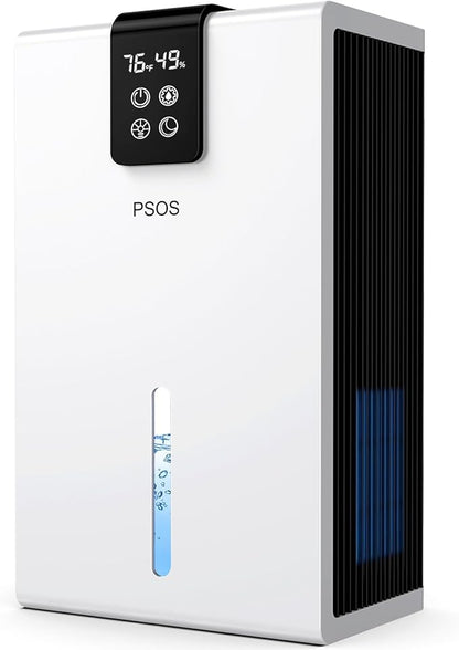 PSOS Dehumidifier, 98 OZ Water Tank, Dehumidifiers for Home, (1000 sq.ft) Quiet Dehumidifier for Bedroom Bathroom Basement with Humidity Display, Auto Shut Off, Relaxing 7 Color Ambient Light(White)