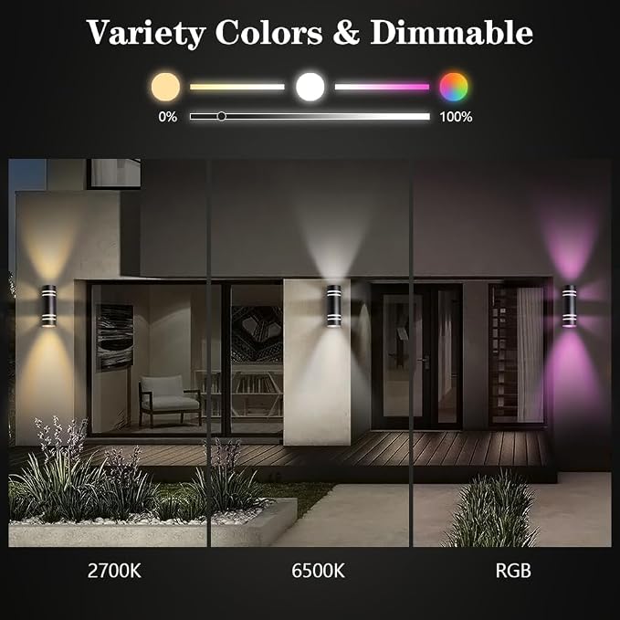 KIZON Smart Porch Lights 2 Pack, Modern Dusk to Dawn Outdoor Wall Lights Color Changing, Dimmable RGB Exterior Sconce Up and Down Light, Outside Lights for House Garage, Compatible with Alexa