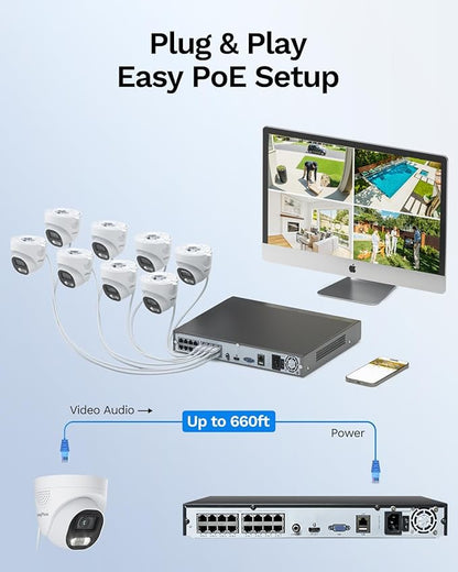 LongPlus 12MP PoE Security Camera System, 8pcs 12MP Security Cameras, Person Vehicle Detection, Two-Way Talk, Spotlights Color Night Vision, H.265+ 16CH NVR with 4TB HDD LP12MEF8D1