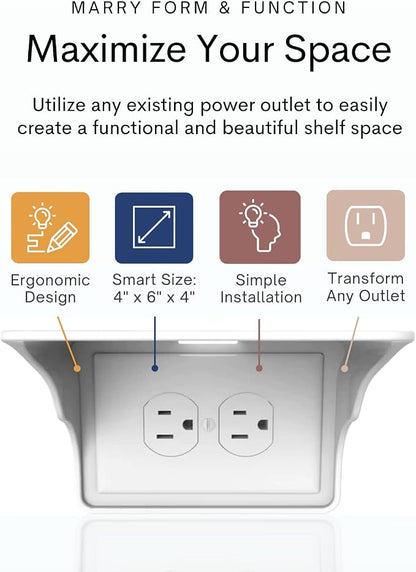 Power Perch Horizontal Outlet Shelf Organizer for Alexa Echo Dot Speakers, Phone - Wall Outlet Holder with Cord Storage Strap - Socket Shelf Bathroom Kitchen Counter Charging Station - White 2 Pack