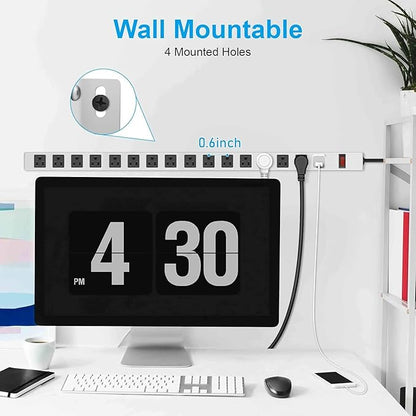 JUNNUJ Metal 16 Outlet Power Strip, Mountable Heavy Duty Power Strip, 1200J Surge Protector Wall Mount Screws Outlet with Switch, Gaming Desk Strips Wide Spaced 15A 125V 1875W, 15 FT 14AWG Power Cord