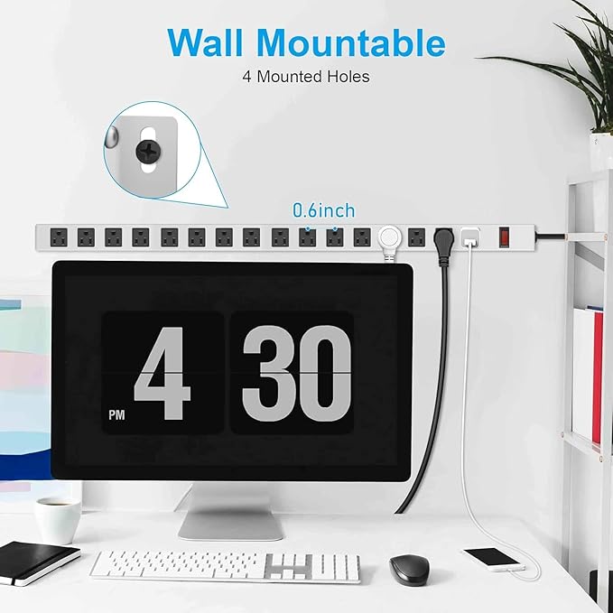 JUNNUJ Metal 16 Outlet Power Strip, Mountable Heavy Duty Power Strip, 1200J Surge Protector Wall Mount Screws Outlet with Switch, Gaming Desk Strips Wide Spaced 15A 125V 1875W, 3 FT 14AWG Power Cord