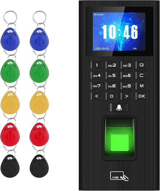 Fingerprint access control with time clock, password, and card access control keypad. HD screen, keypad door lock controller, 1000 user capacity. Suitable for offices, villas, apartments, homes