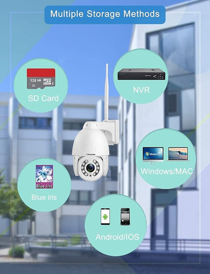 5MP PTZ Security Camera Outdoor Motion Tracking, Floodlight Surveillance IP Dome RTSP Camera Wireless WiFi, 5X Optical Zoom, Color Night Vision, 2-Way Audio, Support SD Card IP66 White