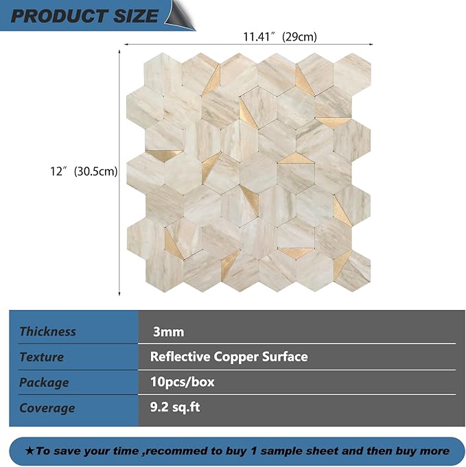 20 Sheets Hexagon Peel and Stick Backsplash for Kitchen Wall, Heat Resistant Stick on Backsplash PVC Smart Tiles, 12'' Beige Marble Waterproof Peel and Stick Wall Tiles for Bathroom