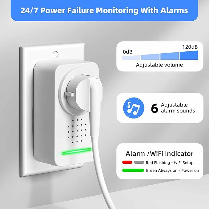 WiFi Power Failure Alarm - Multi-User Email Alert (Up to 4 Addresses), 120dB Loud Siren with 6 Tones, Free Real-Time Notifications for Freezer/Sump Pump/GFCI Monitor - No App, No Subscription Required