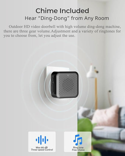 Doorbell Camera Wireless-Head PTZ Rotated 60°View, 2.4G WiFi Security Video Doorbell with Chime,Battery Powered,2K Full HD & Night Vision with Two-Way Talk, Smart Human Detection