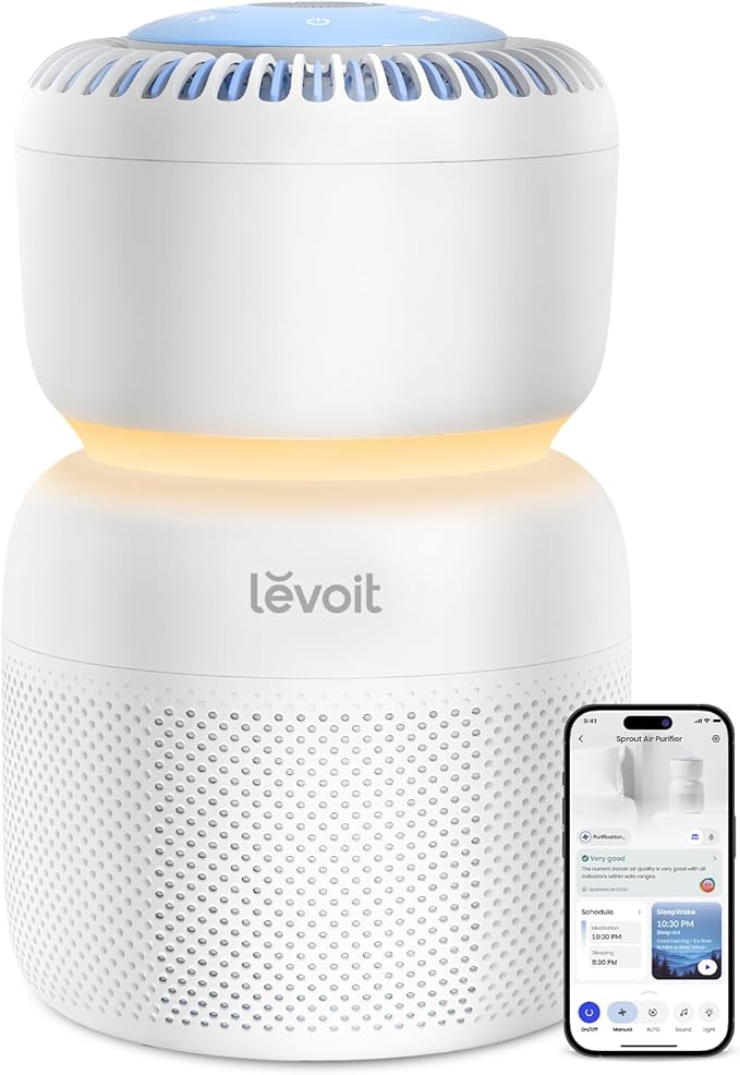 LEVOIT Air Purifier for Home Bedroom with HEPA Filter, White Noise Sound Machine and Blue Light-Safe Night Light Support Better Sleep, AHAM VERIFIDE, 5 Air Quality Monitor, Smart WiFi, Sprout | HEPA Filter, White Noise Sound Machine, Blue Light-Safe Ni...