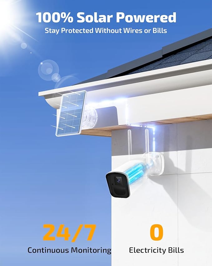 《100% Wire-Free》Wireless Outdoor Security Camera System, Solar Powered WiFi Cameras Systems, Home Video Surveillance DVR Kits