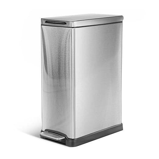Home Zone Living 12 Gallon Slim Kitchen Trash Can with Soft Close Lid, Step Pedal, Bag Tuck Band, and Removable Liner, Stainless Steel, Silver