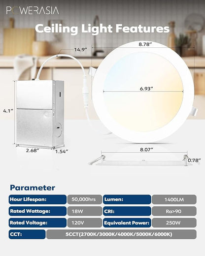2 Pack Recessed Lighting 8 Inch with Junction Box, 5CCT 8 Inch LED Recessed Lights Dimmable 2700K/3000K/4000K/5000K/6000K, 18W 1400lm Ultra Thin Recessed Lighting - ETL and Energy Star Certified