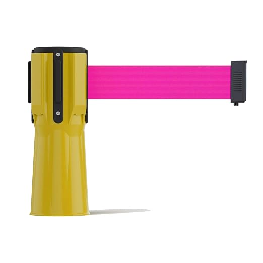 Trafford Industrial 11 Ft. Cone-Mounted Retractable Belt Barrier Yellow Case with Fluorescent Pink Belt