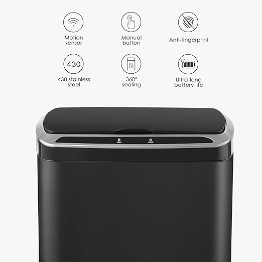 ELPHECO 50 Liter / 13.2 Gallon Rectangular Kitchen Trash Can, Brushed Stainless Steel Finish Motion Sensor Trash Can, Automatic Trash can for Kitchen, Living Room, Office, 3 AA Batteries, Black
