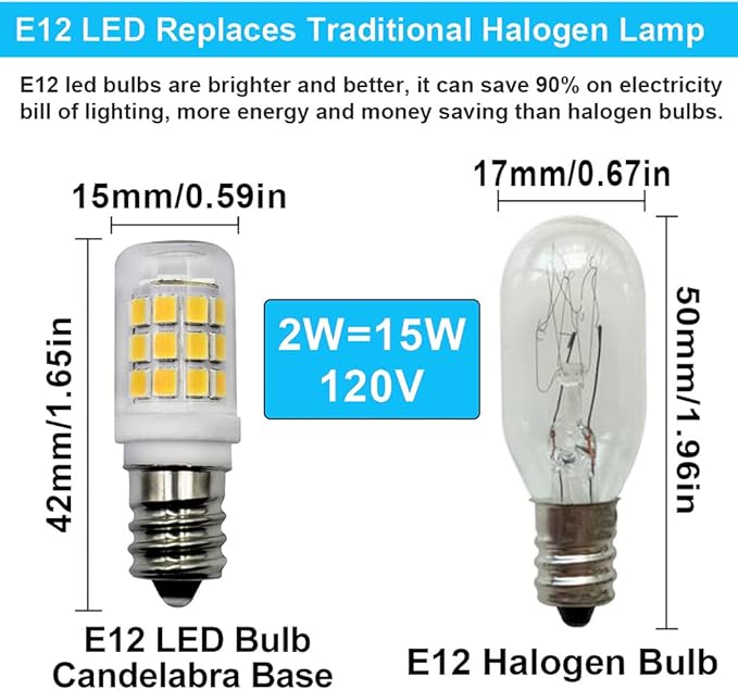 E12 LED Fridge Water Dispenser Light Bulb 2W(15W Replacement) 120V T5 Tubular Appliance Bulb for Chandeliers Home Lighting Refrigerator/Dryer Drum Light C7/S6 Clear Glass Daylight White 6000K,2-Pack