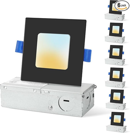 HONZIN 6 Pack 3 Inch Square Recessed Lighting, 5CCT Ultra Thin Square Recessed LED Downlight with Junction Box, 2700K/3000K/3500K/4000K/5000K Selectable, Dimmable,6W, Canless IC Rated, Black Trim