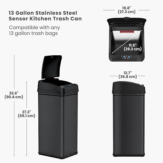 iTouchless 13 Gallon Sensor Trash Can with Lid, Pet Lock & Odor Filter, Patented 50L Automatic Motion Sensor Kitchen Garbage Can Luxury Fingerprint-Proof Stainless Steel Rectangular Wastebasket, Black
