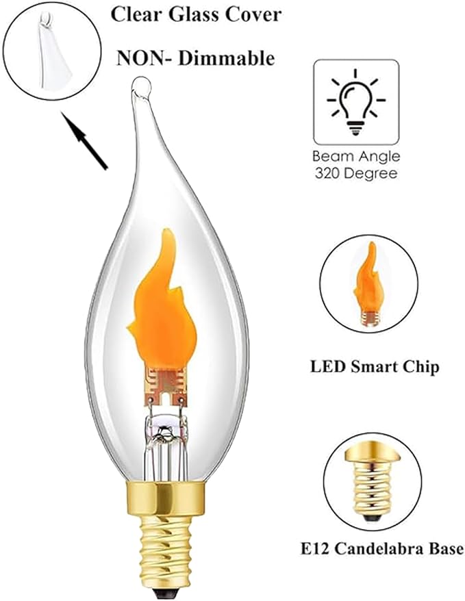 Flickering Flame Light Bulbs -Perfect Ambiance for Halloween Christmas, E12 LED Flickering Candelabra Bulb, Realistic Flame Effect, 2700K, 3W Energy-Efficient (E12*2pcs)