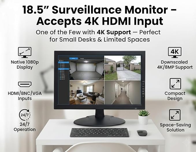 1stPV Precision 18.5" Professional CCTV Security Monitor – Native 1080p Display, Accepts 4K/8MP HDMI Input (Downscaled), HDMI/BNC/VGA, 24/7 Surveillance Monitor