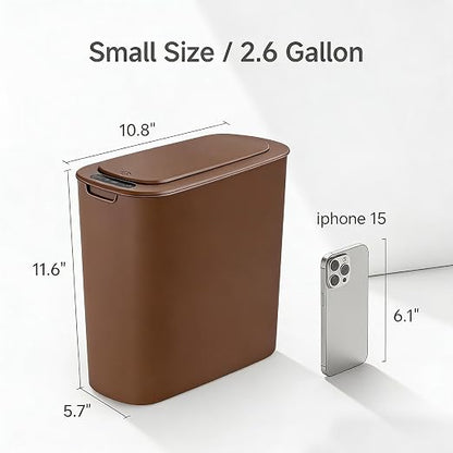TIPGO Automatic Motion Sensor Bathroom Trash Can with Lid, 2.6 Gallon Touchless Trash Bin, Smart Garbage Can Plastic Slim Wastebasket for Bedroom, Office, Dorm (Brown)