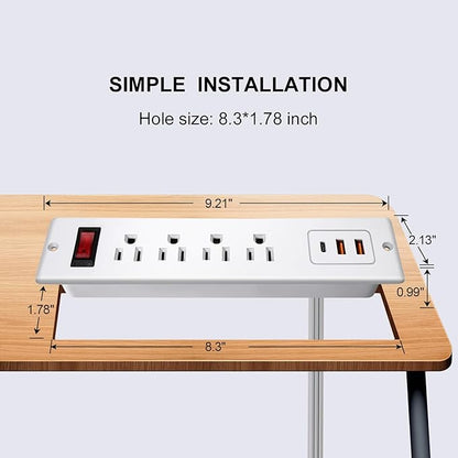20W PD USB C Recessed Power Strip Desktop Power Socket 4 Outlets 3 USB (PD20W&QC18W) Mountable Flat Plug Charging Station for Countertop Cabinet Desk ETL Listed