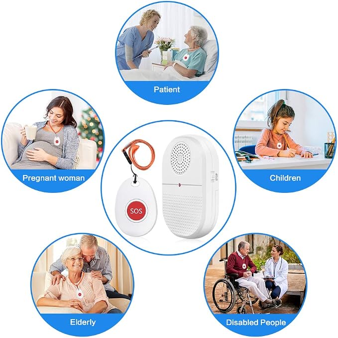 ChunHee Wireless Caregiver Pager Call Button Vibration Nurse Alert System | Call Bell Alert System for Seniors Patients Elderly at home 800ft Range 2 Waterproof Transmitters 2Portable Receivers