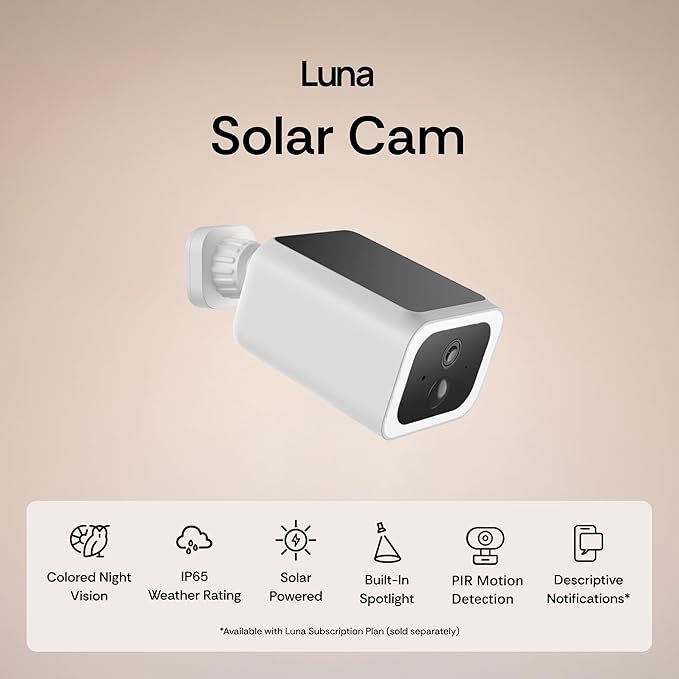 Luna Security Cameras Wireless Outdoor, Battery Camera with Solar Panel, Spotlight, 2.4GHz Wi-Fi, Smart GenAI Human Detection, Cloud Storage, 2K Color Night Vision, IP65 Camera