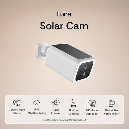Luna Security Cameras Wireless Outdoor, Battery Camera with Solar Panel, Spotlight, 2.4GHz Wi-Fi, Smart GenAI Human Detection, Cloud Storage, 2K Color Night Vision, IP65 Camera