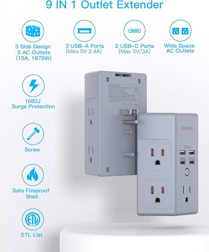 One Beat Surge Protector Wall Outlet Extender, 5 Outlets & 4 USB Ports (2 USB-C), 1680J, 3-Sided Multi Plug Outlet Adapter, Outlet Splitter, Wall Mount, ETL Listed for Home Office Travel-Grey