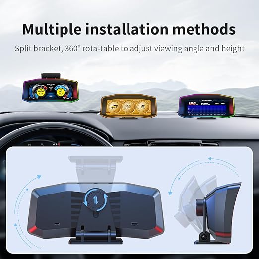 OTPerformance P4 HUD Meter Speed OBD2 + GPS Dual System Digtial Speedometer, Smart Gauge, Speed, Voltage, Engine RPM, OverSpeed Warning, Water Temperature, Turbo Pressure