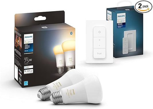 Philips Hue Smart Bundle: 2-Pack White A19 Bluetooth + V2 Dimmer Switch (Hue Hub Optional, Compatible with Alexa, Google Assistant)