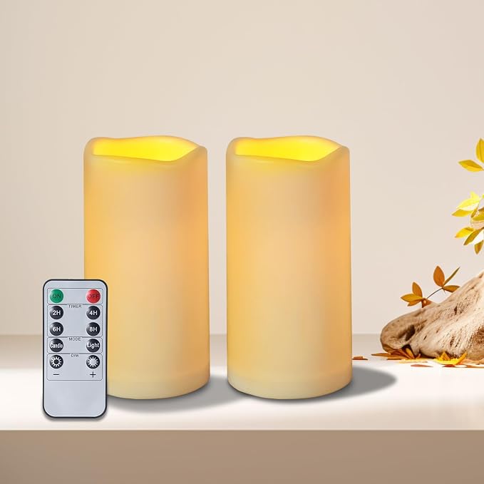 Flameless Candles 4" 5" 6" Outdoor Indoor Pillars Battery Operated Flickering Candles Include 10-Key Remote Timer 400+ Hours by 2 AA Batteries (Ivory Candle - Warm light, 3"D x 6" H - 2 Pack)