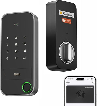 ThorBolt X1 Apple Home Key Tap to Unlock, Smart Keyless Entry Door Lock with Fingerprint, Touch Keypad Deadbolt Lock Works with HomeKit Over Thread (Border Router), IP65 Weatherproof, Gray