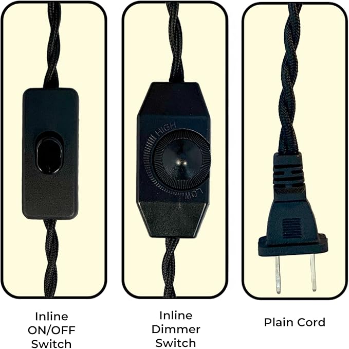Royal Designs, Inc. 8Ft Twisted Rayon Lamp Cord with NEMA-15P Plug, Rotary Dimmer Switch, Stripped Ends Ready for Wiring, SPT-1 UL Listed, Black - Pack of 1