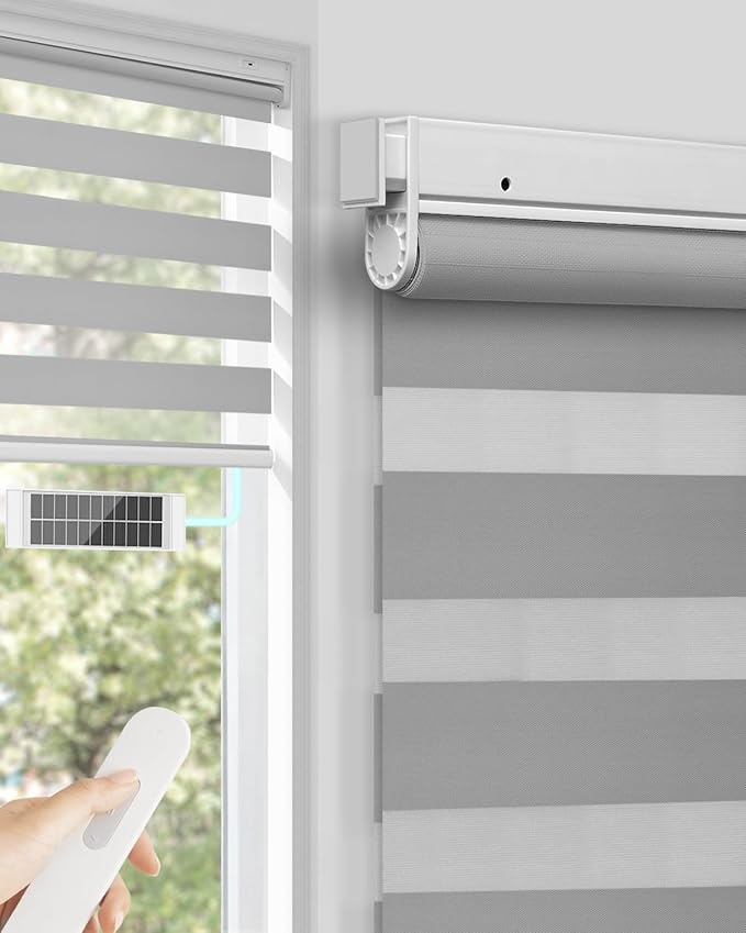 No Drill Motorized Zebra Blinds with Remote,Cordless Shades Dual Layer,Thermal Insulated Upgraded Shades(Gray,32.5" W x 72" H)