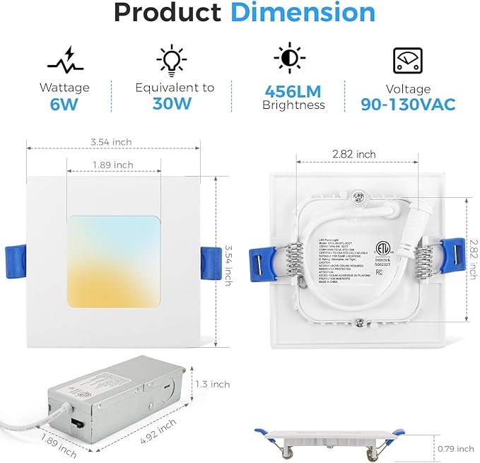 HONZIN 6 Pack 3 Inch Square Recessed Lighting, 5CCT Ultra Thin Square Recessed LED Downlight with Junction Box, 2700K/3000K/3500K/4000K/5000K Selectable, Dimmable,6W, Canless IC Rated, White Trim