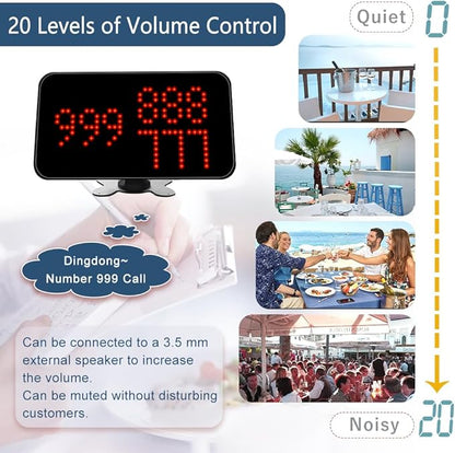 Wireless Waiter Call System with 1 Number Display Screen/3 Watch Pager/20 Waterproof Table Call Button/1 Signal Booster for Restaurant Café Bar Hotel 500+ Feet (Vibration + Buzzer + LED)