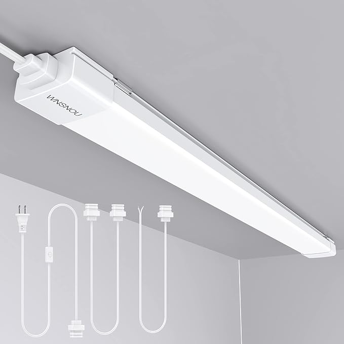 WNSNOU LED Shop Light With Plug, 4FT Waterproof Linkable Tube, 36W Cabinet Lighting 5000K Wired Electric Ceiling With ON/Off Switch, 4000LM Closet Light for Workshop, Room