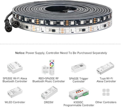 BTF-LIGHTING WS2811 Addressable RGB LED Strip 16.4FT 300LED DC12V IP68 | Waterproof 100Pixels IC=RGB+IC UL Listed White PCB Chasing Effect for outdoor Decor(No Adapter or Controller)