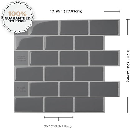 Smart Tiles Peel and Stick backsplash, Subway Slate Gray, 10.95"x9.7" | Pack of 10 (6.3 sq ft), Glossy, Heat/Moisture Resistant, Low VOC, Kitchen/Bathroom, Renter Friendly, Made in Canada