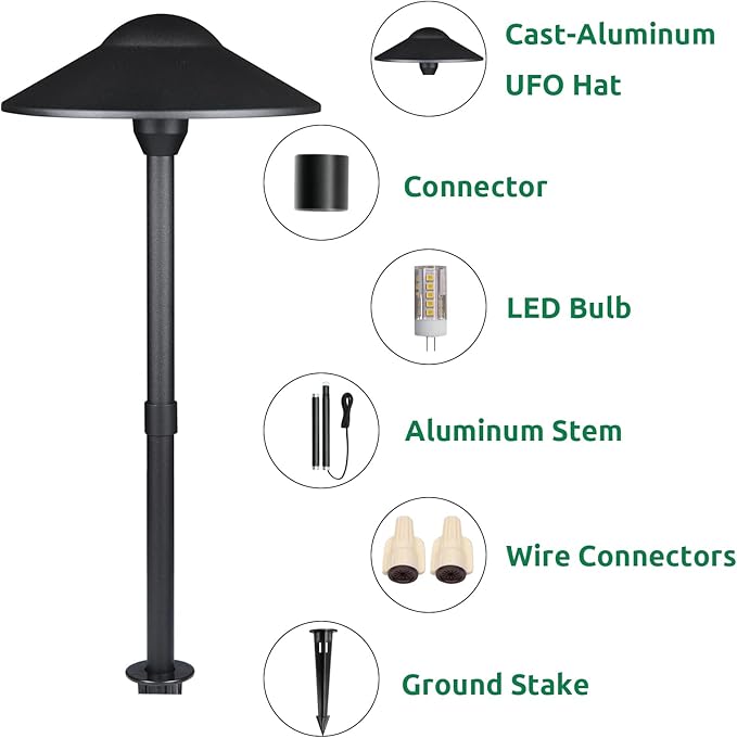 Lumina Lighting® Low Voltage Landscape Lighting Cast-Aluminum Path and Area Light Warm White 3W G4 LED Bulb and ABS Ground Stake Included for Yard Walkway Lawn PAL0108-BKLED8 (Black,8-Pack)