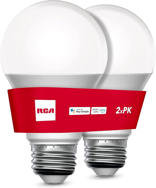 RCA Smart Light Bulbs, WiFi LED Light Bulb, Dimmable LED Lights, Dimmable 800 Lumens 10W (60W EQ A19), Compatible with Alexa and Google, Control from Anywhere with Smartphone, 2700K Soft White, 2-PK