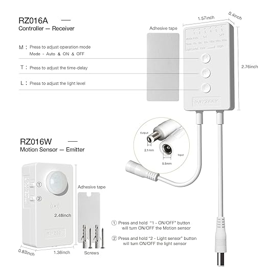 RAYZEEK Wireless Motion Sensor Controller Kit - No Wiring Mini PIR Sensor Switch 12/24VDC RF Wireless Control Led Strip Lights with Dimmable, Timer for Stairway