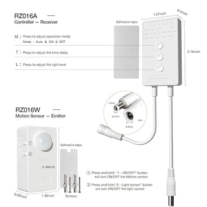 RAYZEEK Wireless Motion Sensor Controller Kit - No Wiring Mini PIR Sensor Switch 12/24VDC RF Wireless Control Led Strip Lights with Dimmable, Timer for Stairway