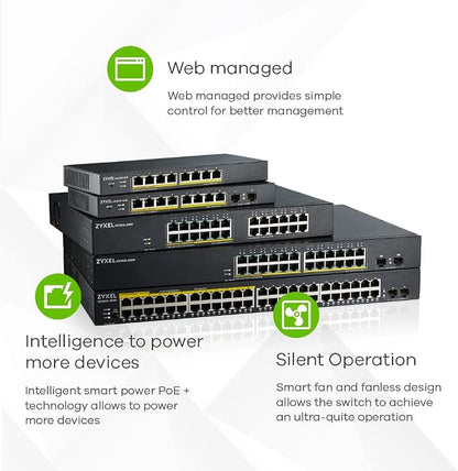 Zyxel 8 Port Network Ethernet Switch | Smart Managed PoE+ | GS1900-8HP | 8x GbE PoE+ with 77W Budget, Fanless, VLAN, QoS, IGMP Snooping, Link Aggregation, Wall Mount Kit Included, TAA Compliant