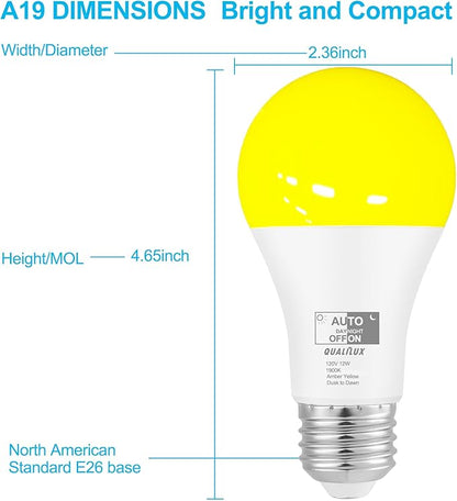 Qualilux Dusk to Dawn Light Bulbs, Auto On/Off Light Sensing LED Bulbs Outdoor, Amber Yellow Bug Light, A19 2-Pack, 12W 800LM 60W Equivalent, HQ-H019