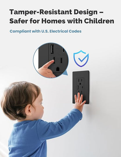 MOES USB Wall Outlet 15 Amp, USB-C and USB-A 24W Charging, Black, 6 Pack