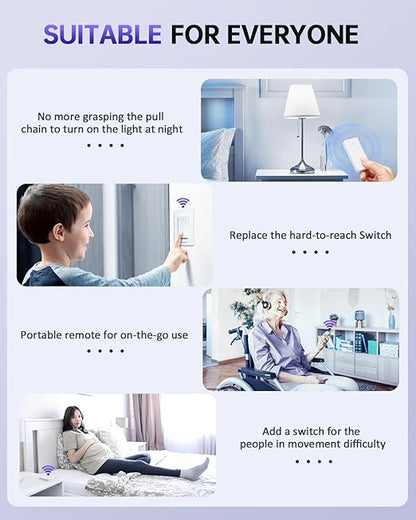 Remote Control Outlet, Wireless Wall Mounted Light Switch, 15A/1500W Remote Plug in On Off Switch for Lamps & Household Appliances, No Wiring, 300 FT RF Range, Compact Design, TUV Listed